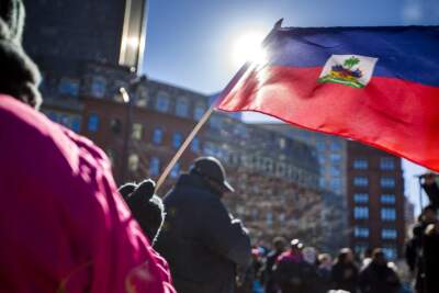 A woman waves a Haitian flag in the air during a rally at Boston City Hall Plaza in 2021. (Jesse Costa/WBUR)