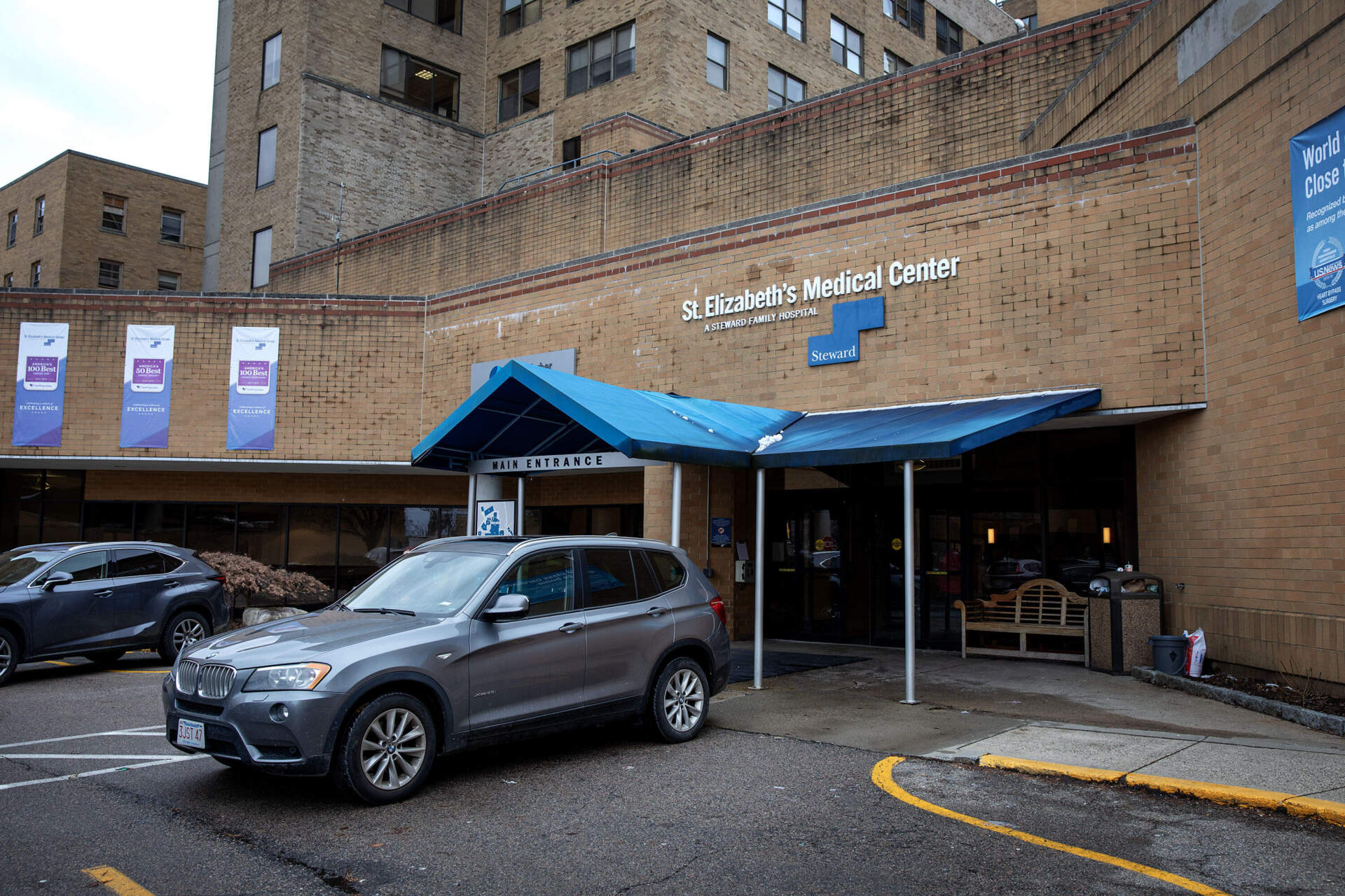 The main entrance at St. Elizabeth's Medical Center, a Steward Health Care family hospital in Brighton. (Robin Lubbock/WBUR)