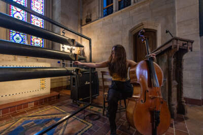 Artist-in-residence Eden Rayz plays a new instrument she built from the organ pipes at Mount Auburn Cemetery's Bigelow Chapel. (Jesse Costa/WBUR)