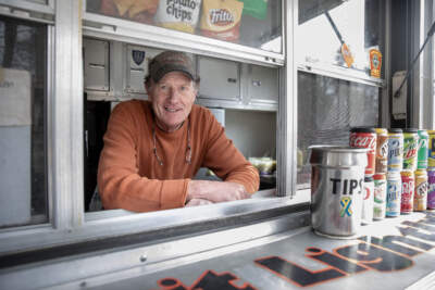 Mike &quot;Murph&quot; Murphy in his hot dog trailer in Lancaster, Mass. (Robin Lubbock/WBUR)