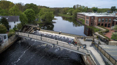 Artists set up easels on a footbridge overlooking the Ipswich Mills Dam in Ipswich, Mass. (Robin Lubbock/WBUR)