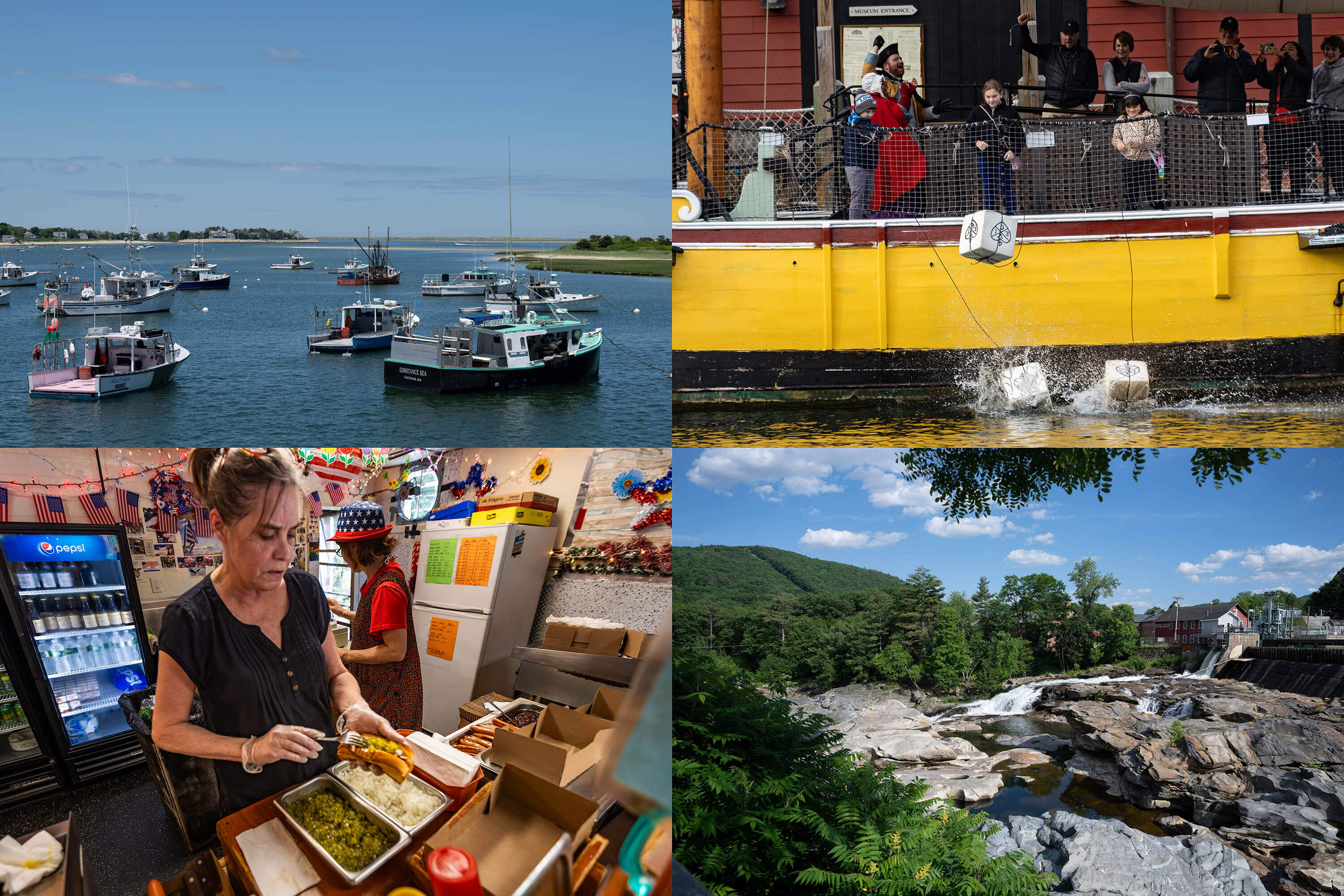 Clockwise from left, a composite of scenes from the Cape, Boston, central and western Massachusetts. (WBUR file photos and Raquel C. Zaldívar/New England News Collaborative)