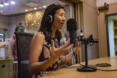 Mayor Michelle Wu in the WBUR studios in 2022 for an appearance on Radio Boston. (Jesse Costa/WBUR)