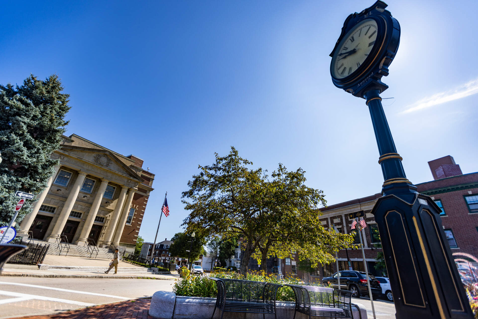 The clock and the old Hyde Park Municipal Building in Logan Square. (Jesse Costa/WBUR)