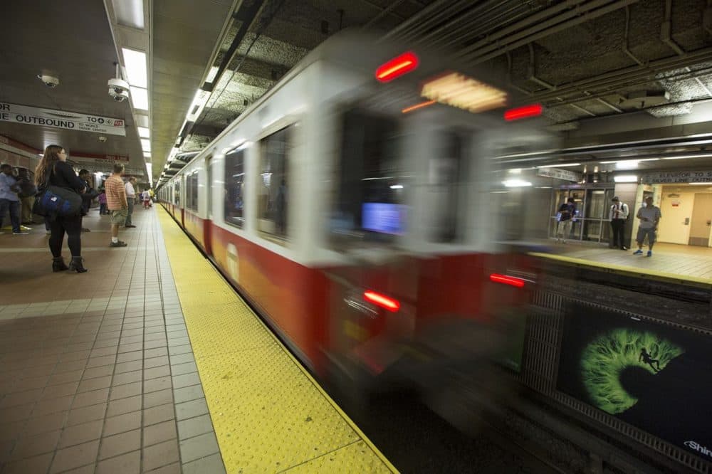 A red line train pulls into South Station bound for Alewife Station. (Jesse Costa/WBUR)