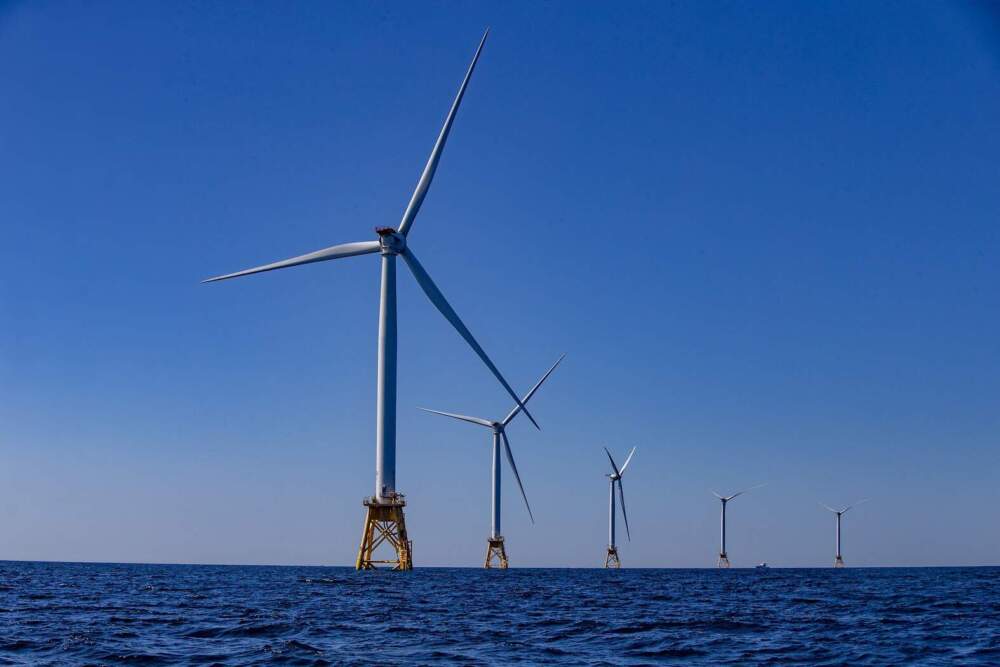 The five turbines of the Block Island Wind Farm off the coast of Rhode Island. (Jesse Costa/WBUR)