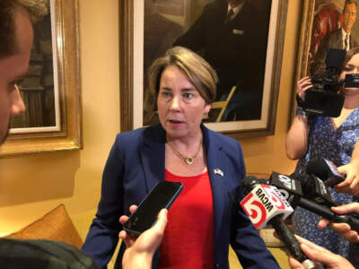 Gov. Maura Healey spoke to reporters in the lobby of her executive suite in the hours after the U.S. Supreme Court handed down a unanimous ruling upholding access to the abortion medication mifepristone. (State House News Service)