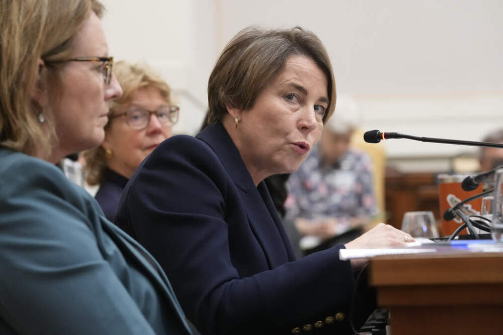 Gov. Maura Healey, right, delivers her keynote address during the opening session of the &quot;From Climate Crisis to Climate Resilience&quot; at the Vatican on May 15. (Domenico Stinellis/AP)