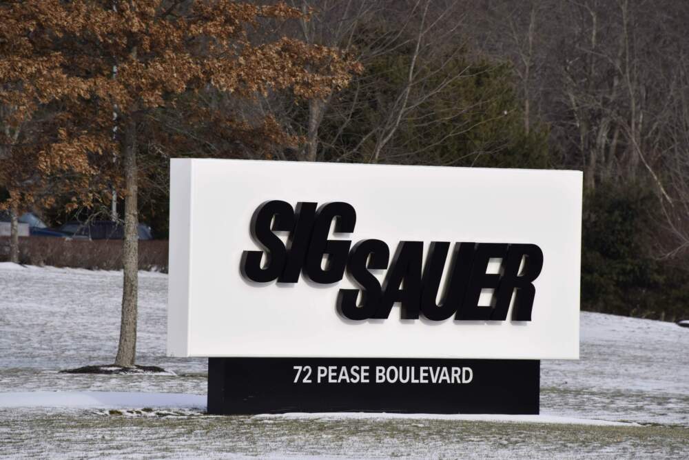 The sign at the entrance to the headquarters of Sig Sauer, a gun manufacturer based in Newington, N.H. (Lisa Marie Pane/AP)