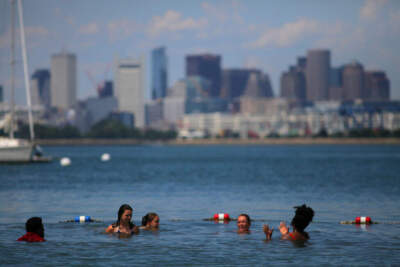 Boston's skyline provides a backdrop for swimmers enjoying the beach on Spectacle Island, Boston on July 29, 2020.  (Lane Turner/The Boston Globe via Getty Images)