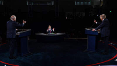 Former President Donald Trump (R) and then-Democratic presidential candidate Joe Biden take part in the first presidential debate at Case Western Reserve University and Cleveland Clinic in Cleveland, Ohio, on September 29, 2020. (Olivier Douliery/AFP/AFP via Getty Images)