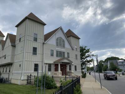 A former synagogue on Woodrow Avenue in Mattapan. (Simon Rios/WBUR)