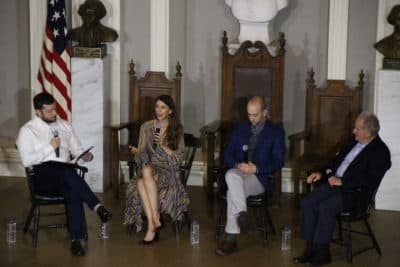 Ben Brock Johnson, Kelly Horan, Jack Rodolico and Stephen Kurkjian at the &quot;Last Seen&quot; Live event at Faneuil Hall in Boston. (Jace Ritchey for the Boston Globe)