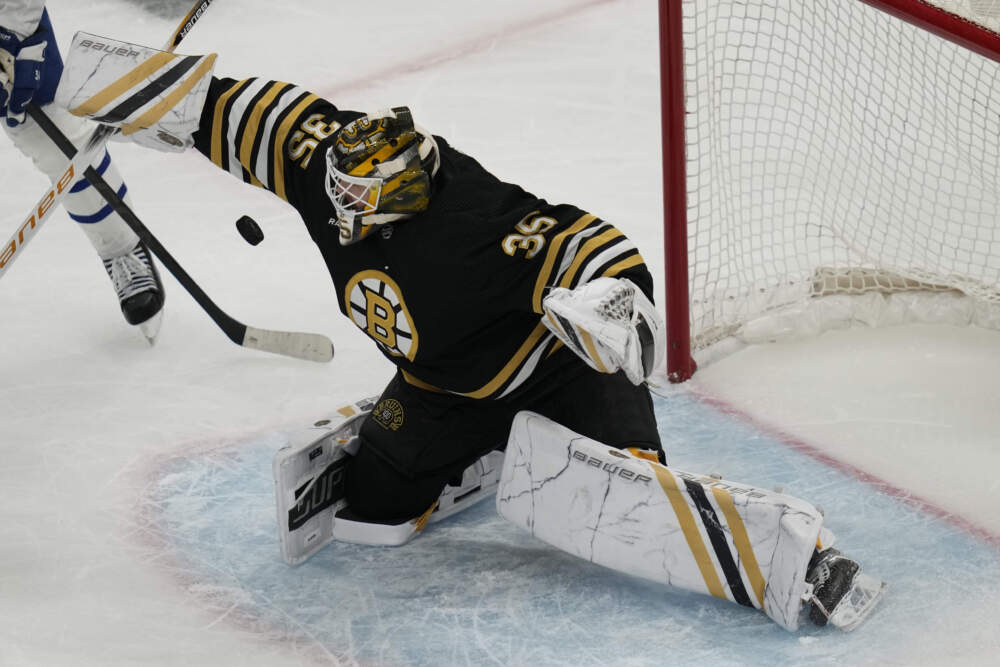 Boston Bruins goaltender Linus Ullmark (35) during Game 2 of an NHL hockey Stanley Cup first-round playoff series, Monday, April 22, 2024, in Boston. (Charles Krupa/AP)