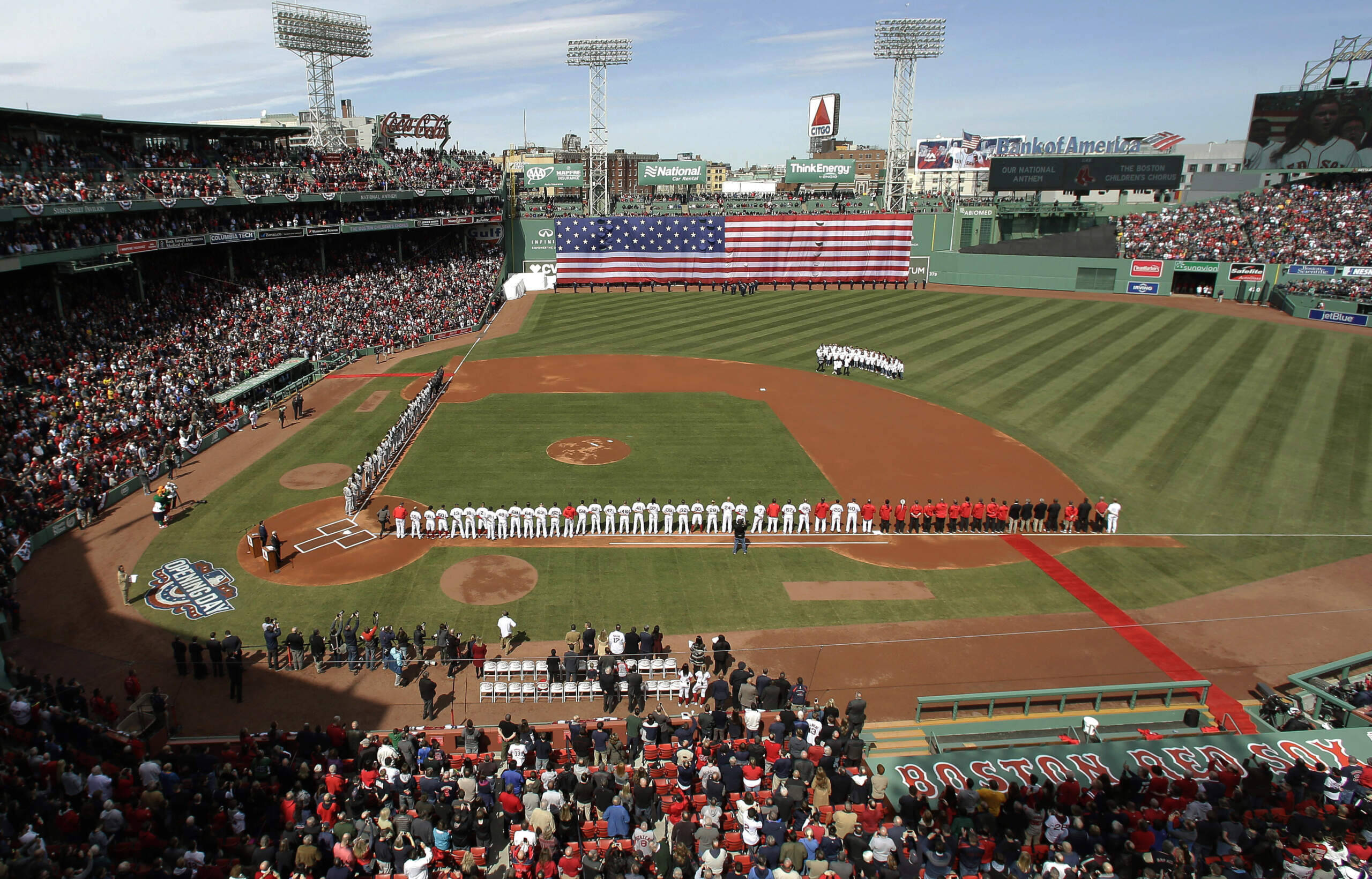 The Boston Children's Chorus performs the national anthem before at Opening Day at Fenway Park in 2017. (Steven Senne/AP)