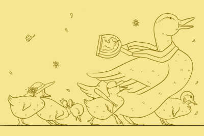 An illustration inspired by Nancy Schön's &quot;Make Way For Ducklings&quot; sculpture. The ducklings in the illustration are dressed for spring weather and events. (Midoriko Grace Abe for WBUR)